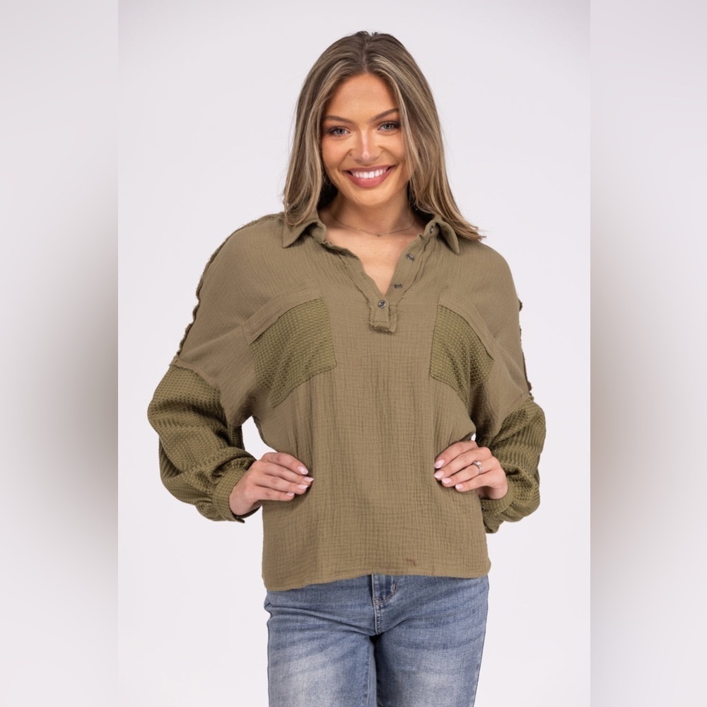 Andree by Unit The Come Closer Top 1X 100 cotton long sleeve waffle knit green